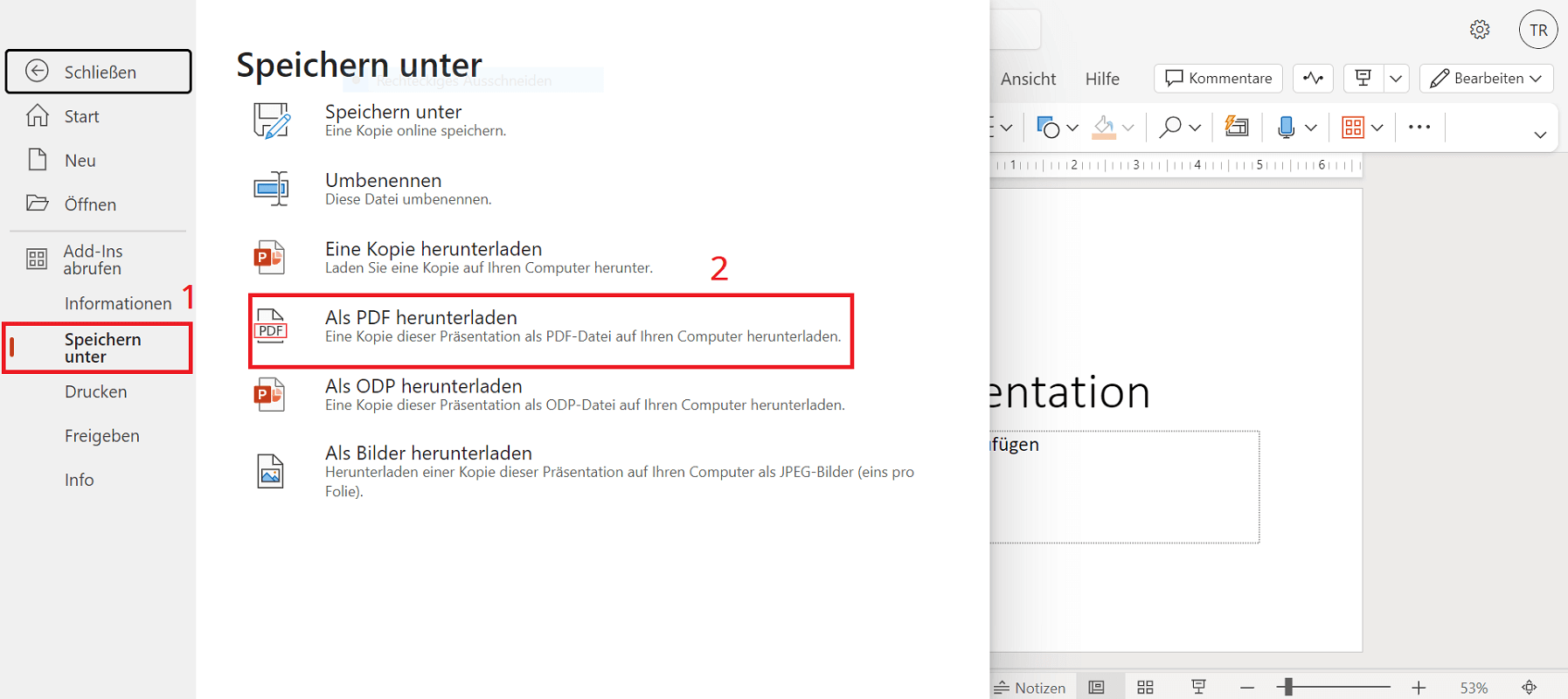 PPTX in PDF speichern in der PowerPoint Web-Version