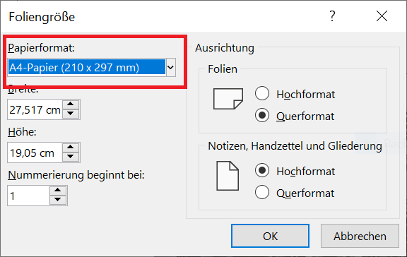 Präsentation im Hochformat und in DIN A4 darstellen