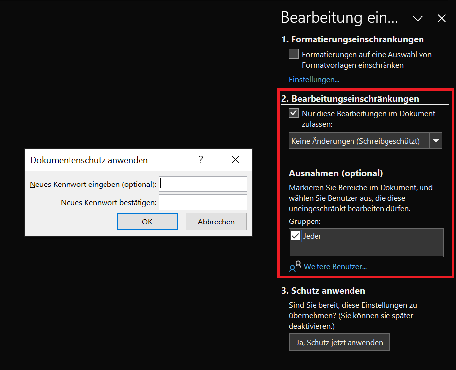 Schreibschutz nur für bestimmte Teile im Dokument aufheben
