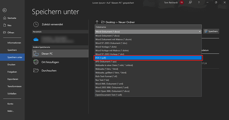 Über die Speichern unter-Funktion Word als PDF Dateityp sichern