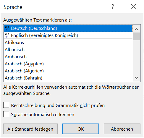 Sprache für die Korrektur und Rechtschreibung in Word ändern