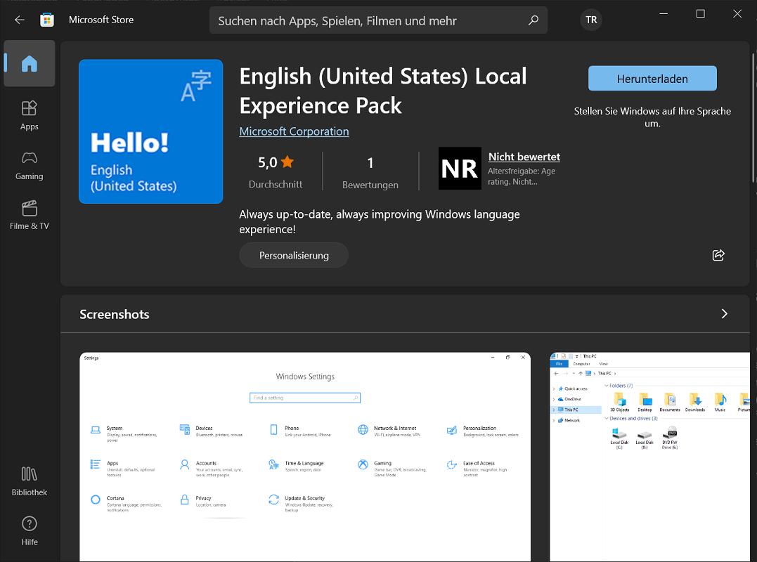 Sprachpakete im Windows Store downloaden