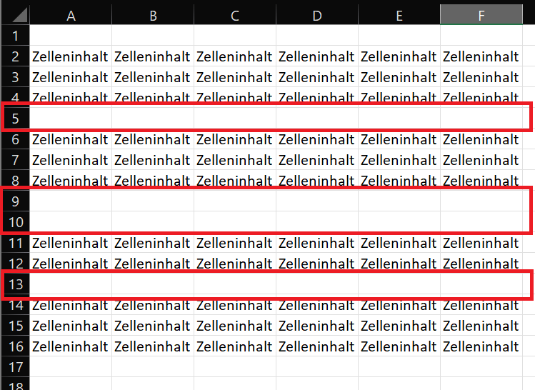 Tabelle vor dem Löschen der leeren Zeilen