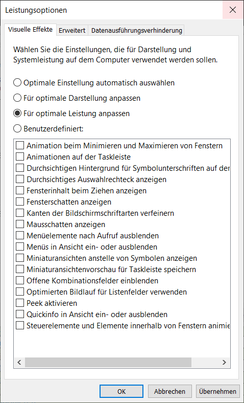 Visuelle Effekte in Windows 10 in den Leistungsoptionen deaktivieren