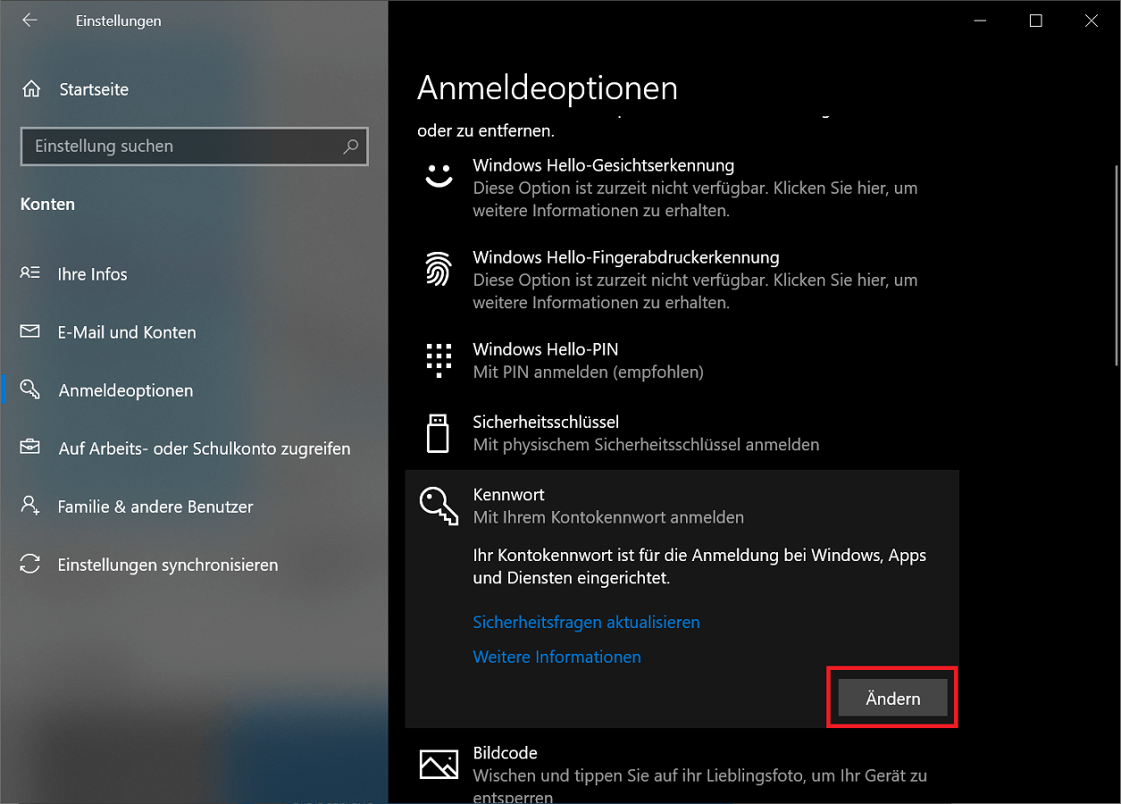 Passwort in den Windows Anmeldeoptionen ändern