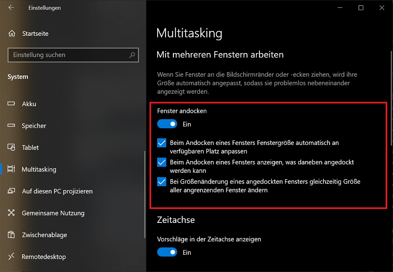 Multitasking Funktion in Windows 10 aktivieren, um den Windows Bildschirm teilen zu können