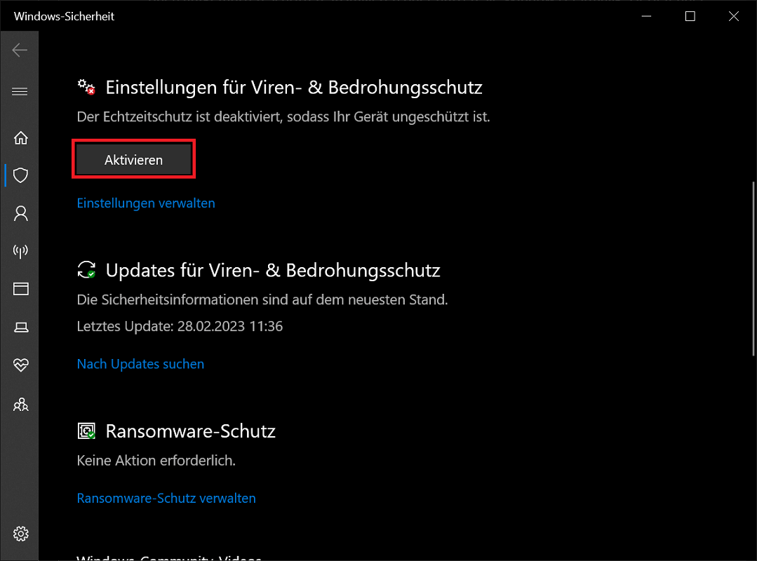 Windows Defender aktivieren