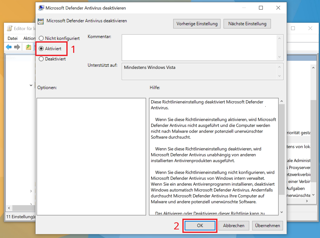 Windows Defender in den Gruppenrichtlinien deaktivieren