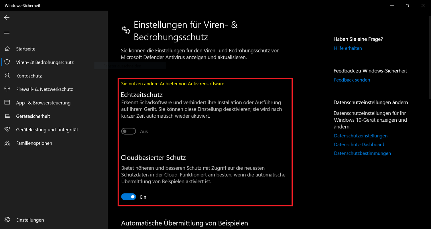 Einstellungen, bei denen Windows Defender deaktiviert ist