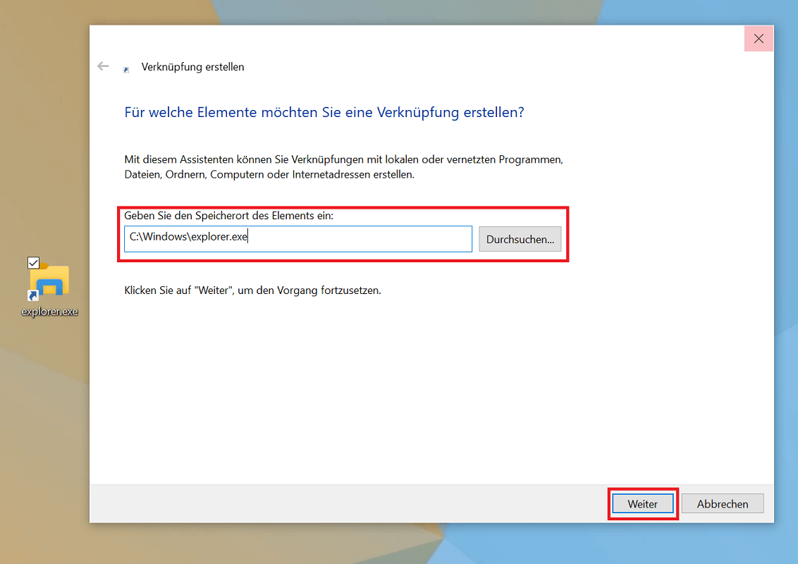 Verknüpfung für den Windows Explorer erstellen