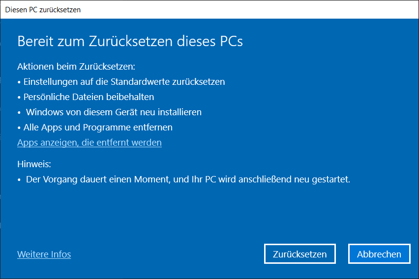 Windows über die Einstellungen neu aufsetzen
