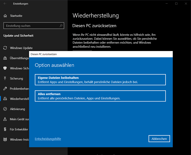 Windows in den Einstellungen neu installieren und dabei alle Dateien und Programme entfernen