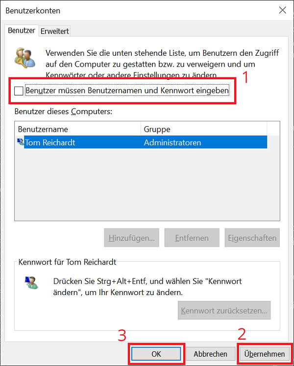 Windows-Passwort f&uuml;r den PC-Start in den Benutzerkonten abschalten