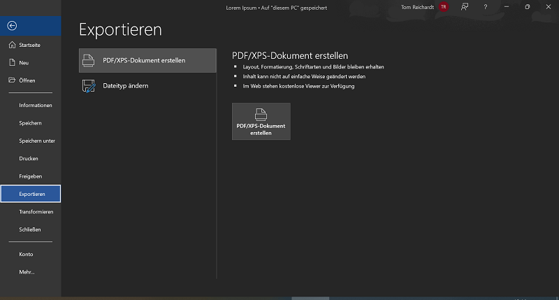 Word Dokument mit der Exportfunktion als PDF speichern