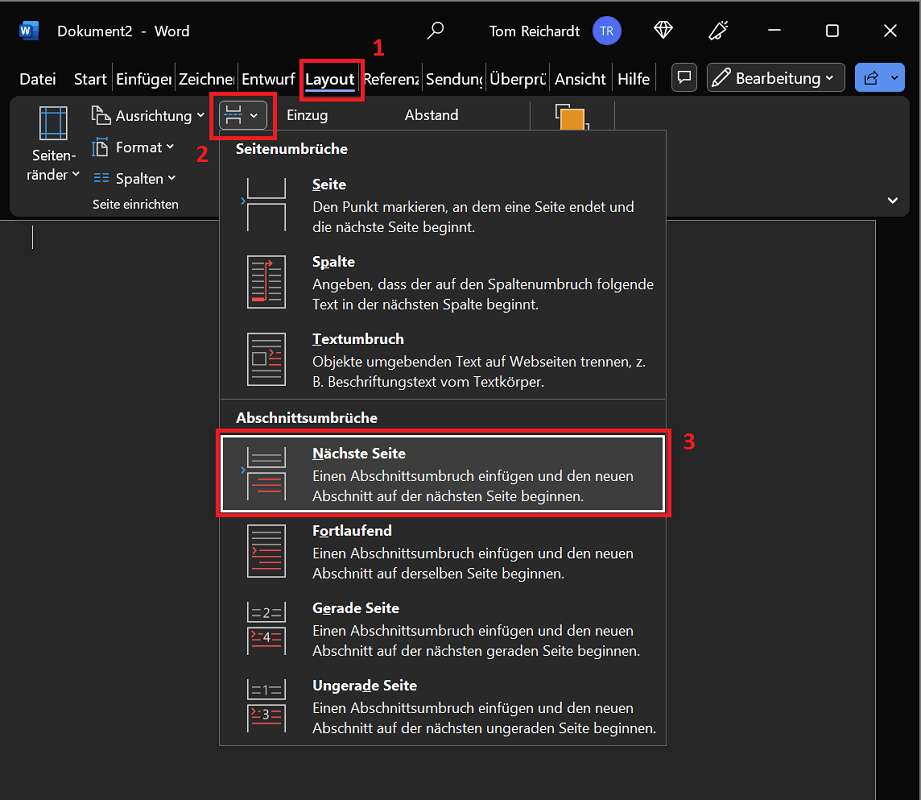 Microsoft Word: Einzelne Seite mit dem Abschnittsumbruch im Querformat einstellen