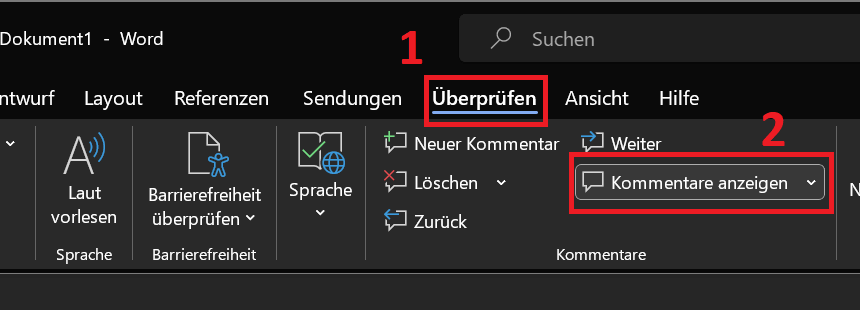 Kommentare in Word ausblenden