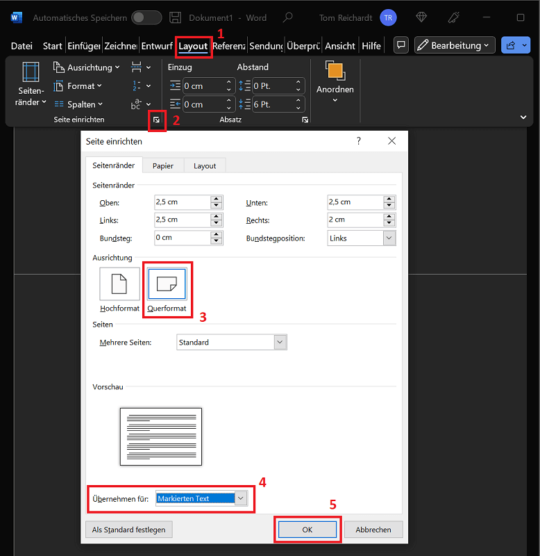 In Word nur eine Seite im Querformat anzeigen
