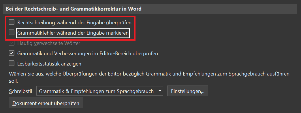 Word Rechtschreibprüfung ausschalten