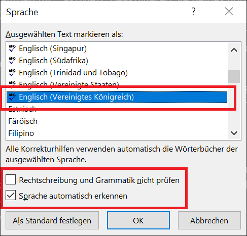 Word Rechtschreibprüfung: Sprache ändern
