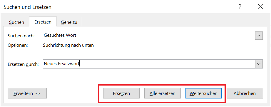 Word: Suchen und Ersetzen von Wörtern, Phrasen und Zeichen