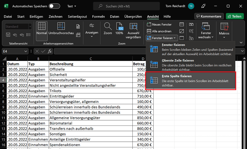 Zeile in Excel fixieren